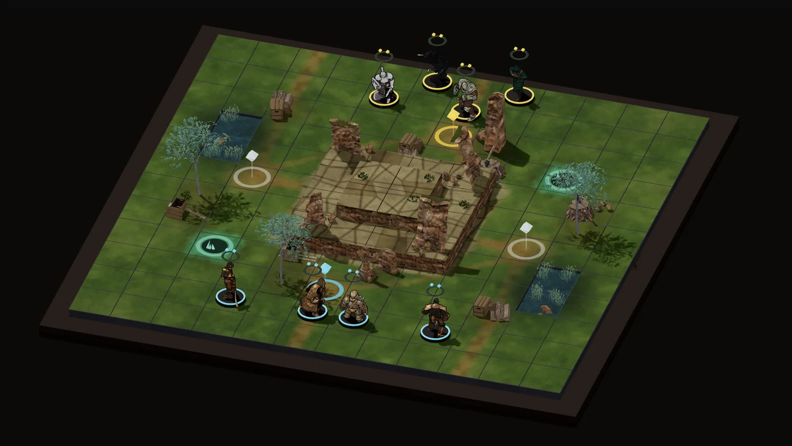 An isometric battle board: painted grassland with a ruin at its centre, two warbands of miniatures facing each other, and glowing objective and ley markers.