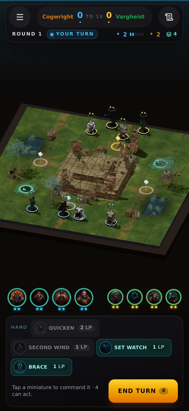 Leyfall on a phone in portrait: the board above, the warband roster and the ley card hand below.
